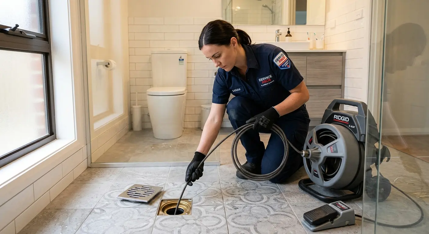 Technician clearing a bathroom floor drain for Sewer Line Replacement in Grand Rapids